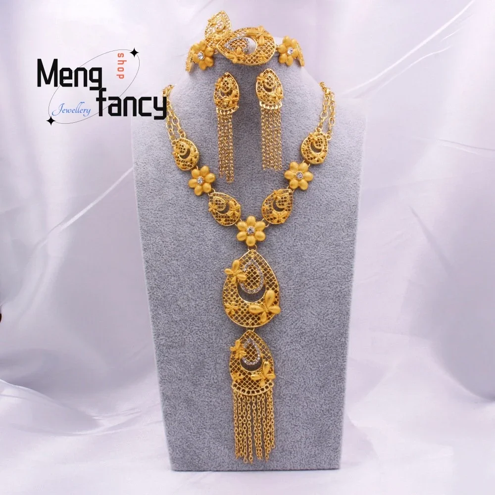 

Vietnamese Sand Gold Jewellery SetSaudi Bridal Necklace Bracelet Earrings Ring Exquisite Fashion Luxury Jewelry Wedding Souvenir