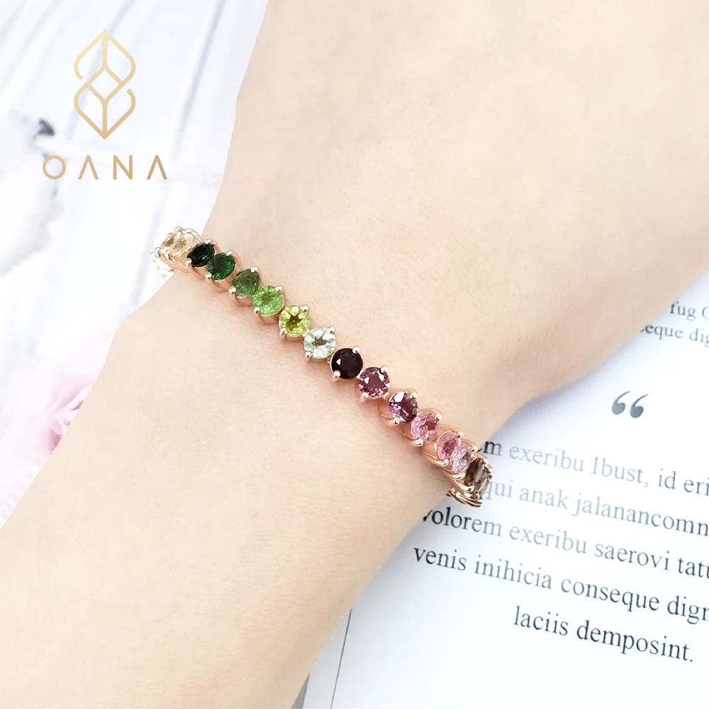 

S925 Silver Plated Rose Gold Inlaid Tourmaline Women's Bracelet With Random Gem Colors, Colorful Fashionable Jewelry