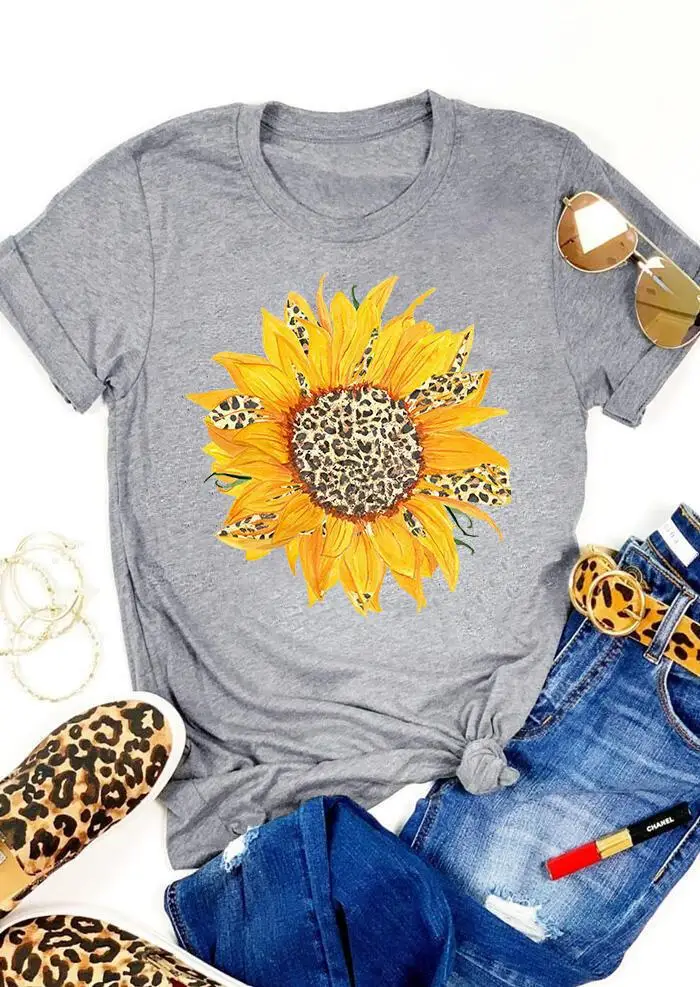 Cotton  100% New Women's Top Sunflower Print Round Neck Short Sleeve T-shirt Women Clothing  Tops  Women Clothes  Graphic