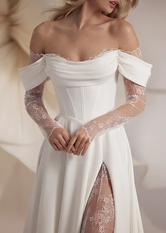 Vestidos de novia de encaje Vintage, plisados puros, hombros descubiertos, corte en A, abertura lateral, Espalda descubierta, apliques de princesa, vestido de novia