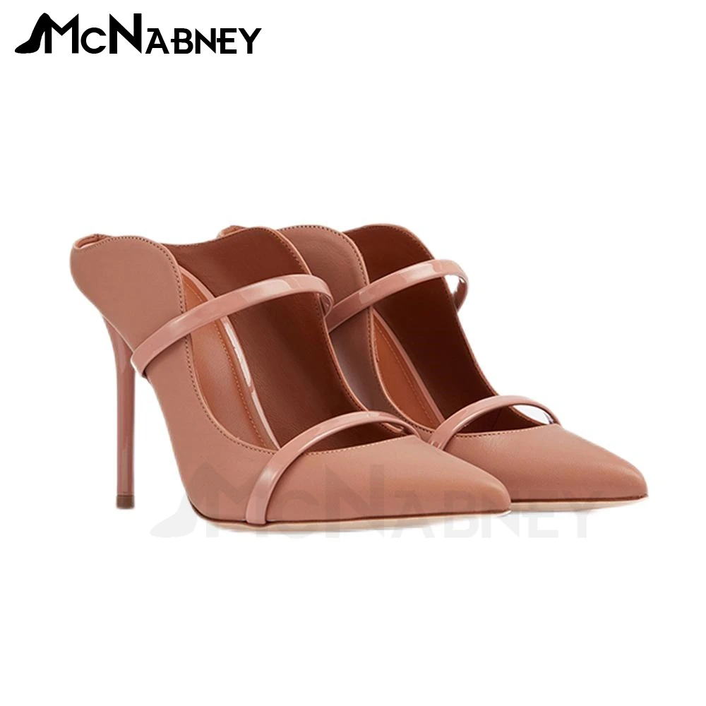 Color Block Leather Slippers Pointed Toe Stiletto Mules for Women Elegant High Heels Luxury Style Designer Multicolor Sandals