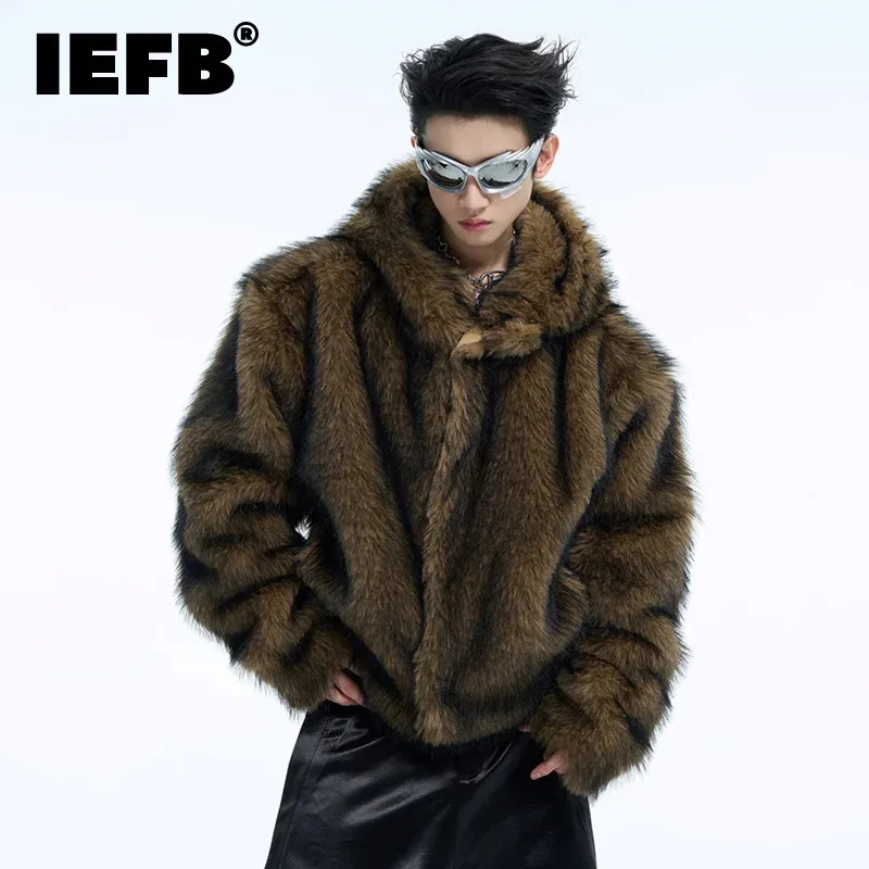 IEFB Niche Design Men\'s Short Jacket Faux Fur Plush Cat Ear Hooded Clothing Solid Color 2024 New Trendy Men Coat Winter 24E5175