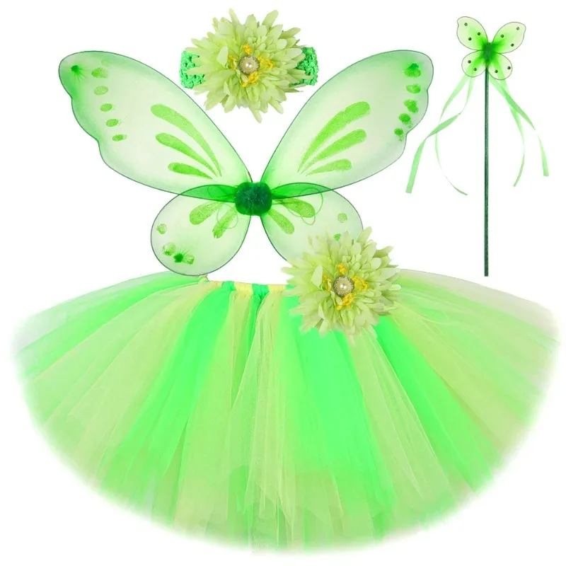 Girls Green Fairy Mesh Tutu Dress with Wings Flower Elf Kids Halloween Christmas Party Outfit Children's Day Stage Clothes