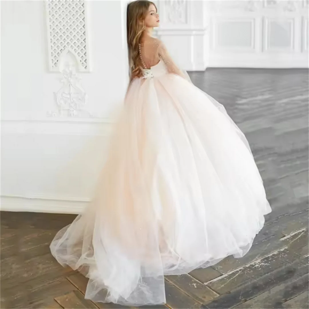 Flower Girls Dresses Light Pink Tulle Puffy Sequin With Trailing Long Sleeve For Wedding Birthday Party Banquet Princess