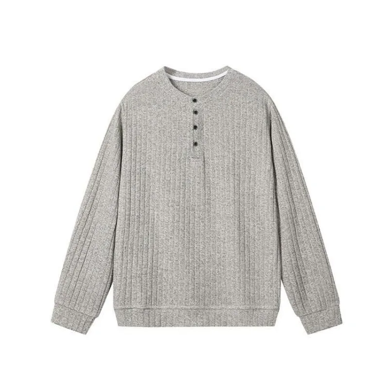 Men Old Money Textured Henley Long Sleeve T Shirt Autumn Loose Casual Versatile Base Top