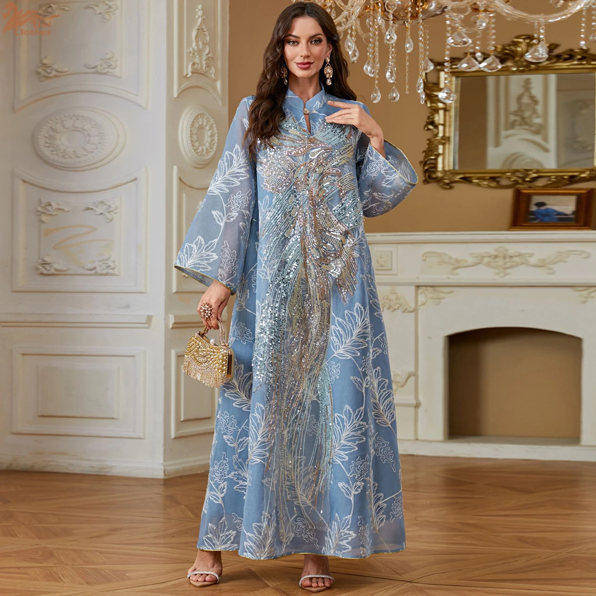 

Zahraa Dubai Sequins Luxury Woman Evening Dress Mesh Embroidered Abaya V-Neck Caftan Marocain Femme 2026