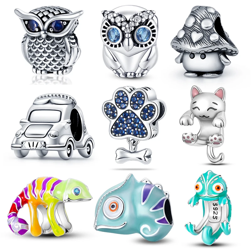 

Hot Sale 925 Silver Chameleon Owl Beads Fit Pandach Original DIY Bracelets Pendant Charm Beads Fashion Birthday Gifts Jewelry