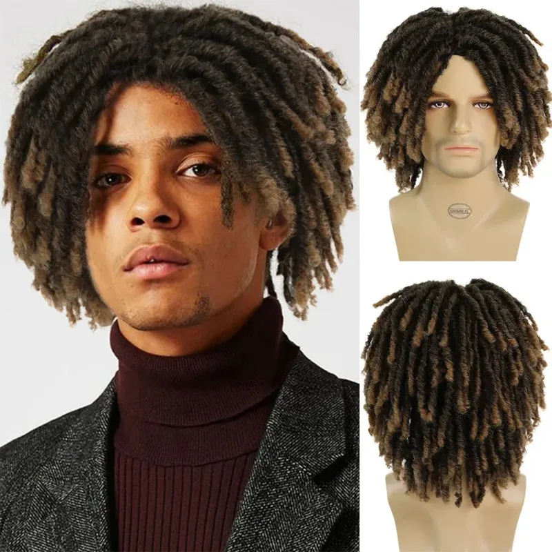 Synthetic Short Braided Wig for Black Man Afro Bob Ombre Brown Crochet Twist Hair Dreadlocks Wig Natural Layered Wig GZ5009