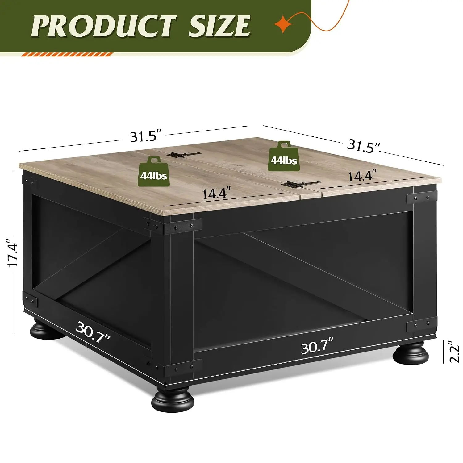 Farmhouse Lift Top Coffee Table Storage 31.5" Square Flip-Top Hidden Compartment Living Room Bedroom, Customized 3