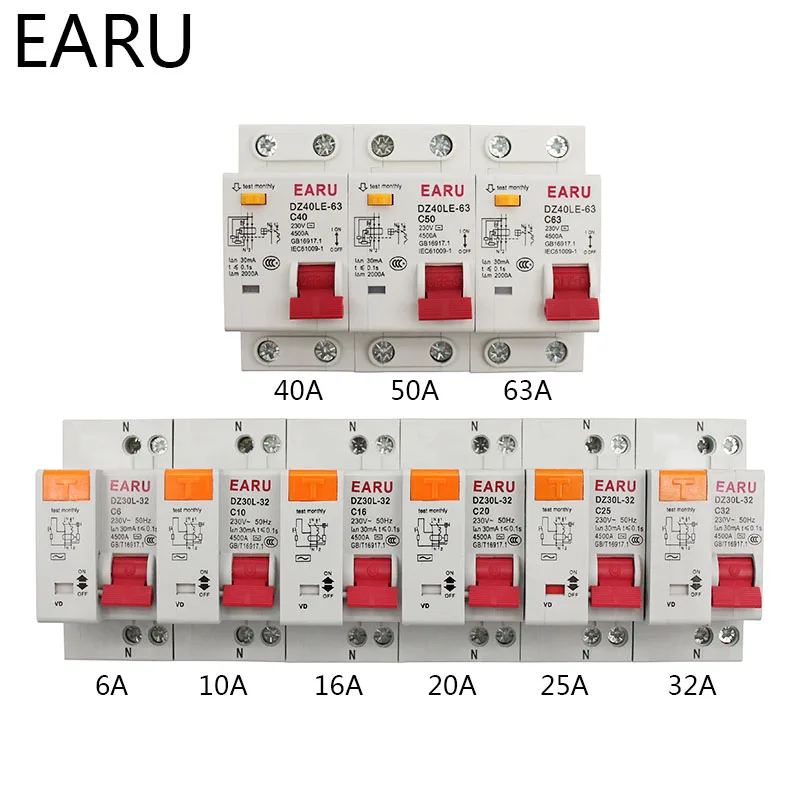 DZ30L DZ40LE EPNL DPNL 230V 1P+N Residual Current Circuit Breaker With Over And Short Current  Leakage Protection RCBO MCB 6-63A