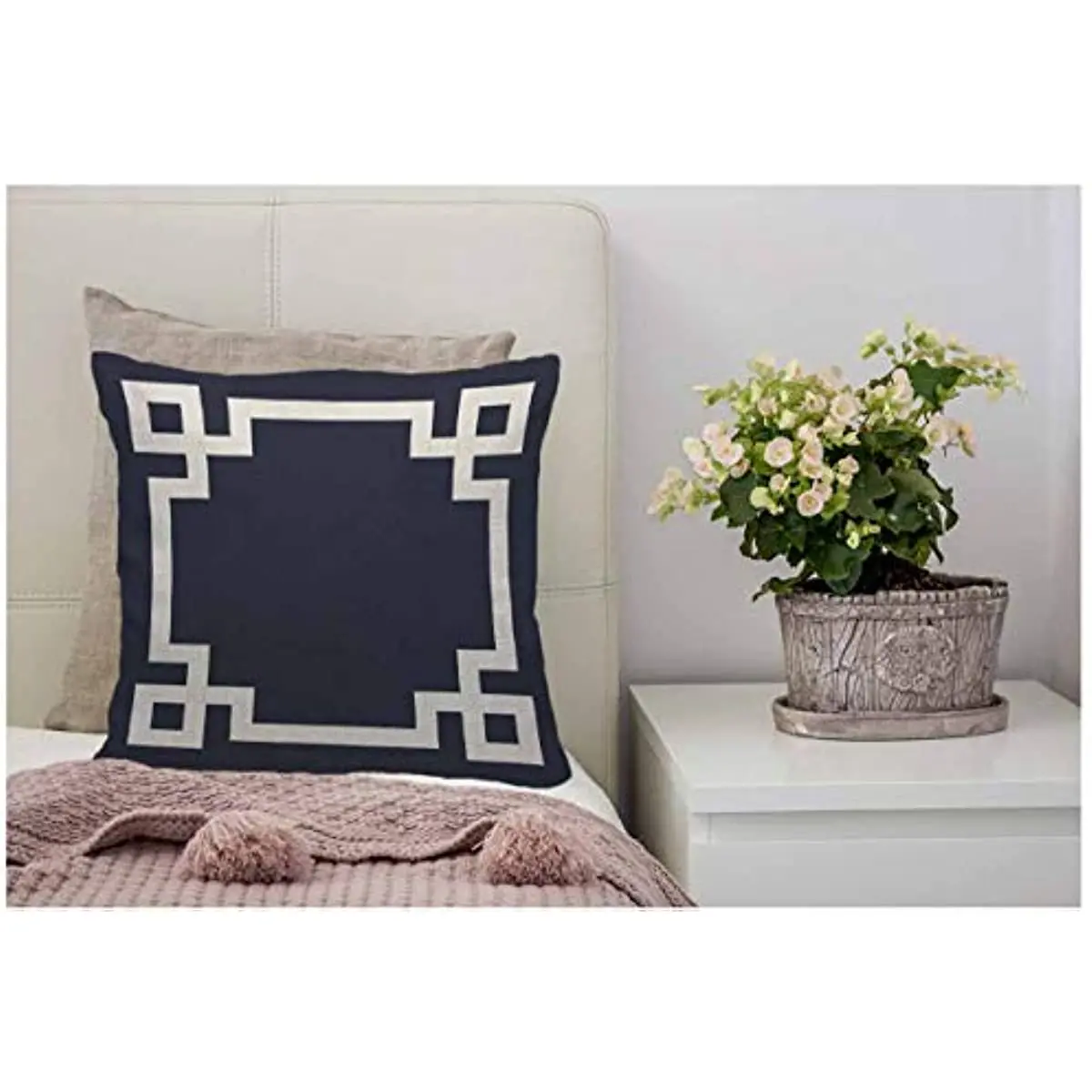 Pillow Cover Navy Blue and White Key Border - Soft Linen Pillow Case for Decorative Bedroom/Livingroom/Sofa/Farm House