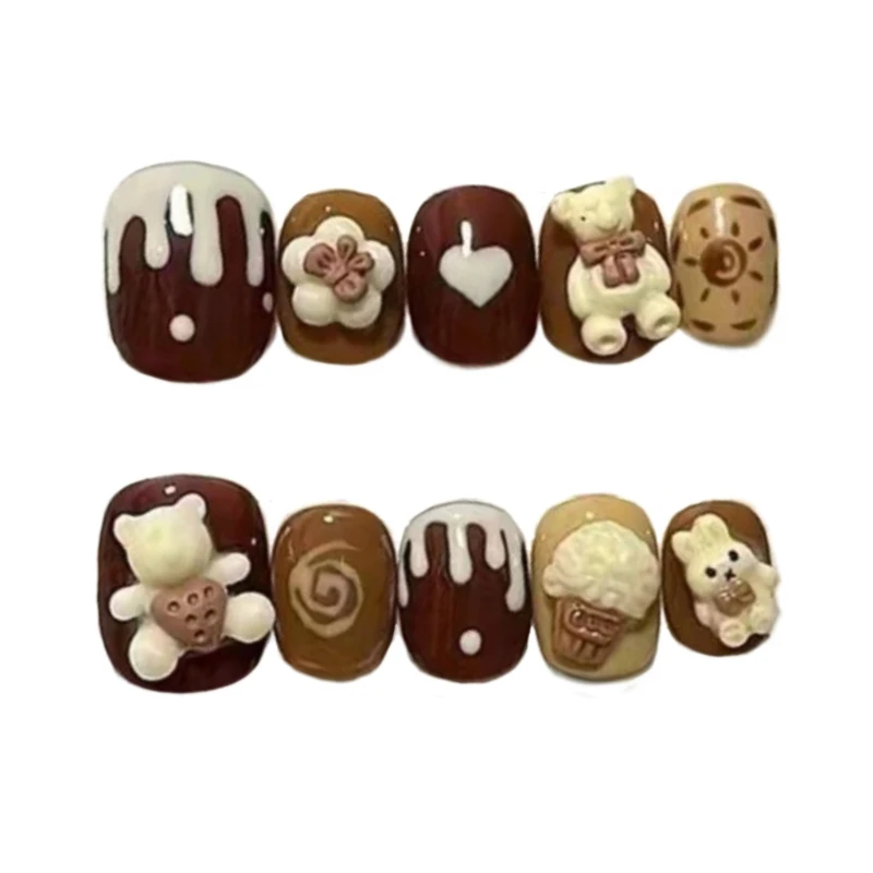 10 Pieces Cute Teddy Bear Heart Swirl Ice Cream Handmade Press On Nails Autumn Winter Warm Color Sweet Art Fake Nails - view 3