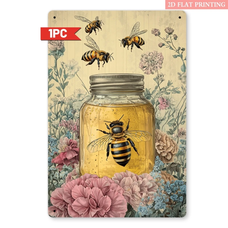 Vintage Bienen-Honig-Blumen Metallschild Eisen 8x12 Zoll 2D Flaches Insekten-Blechschild Rustikale Garten-Wanddekoration Plakette für Zuhause