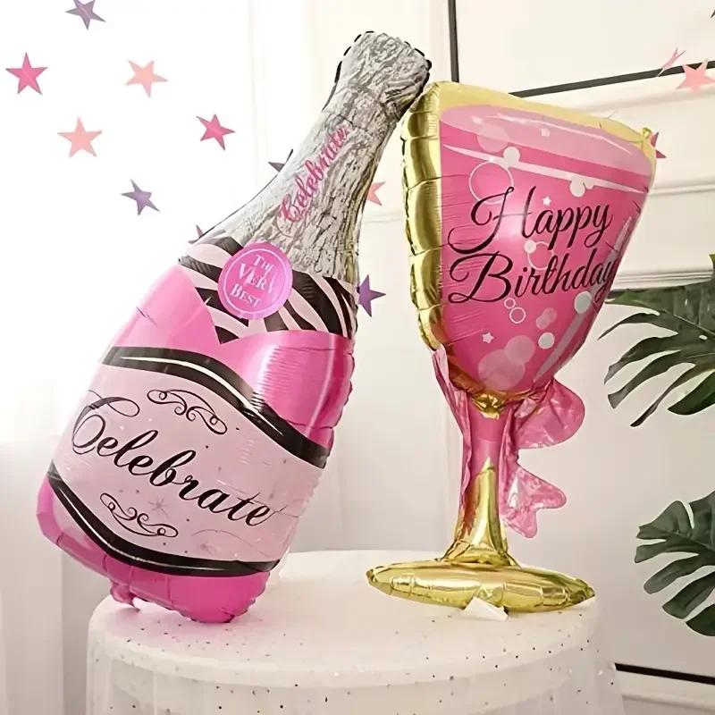 2 Stück Happy Birthday Champagnerflasche und Glas, großer dekorativer Ballon, rosa Schleife, Weinbecher, Hochzeit, Geburtstag, Party-Dekoration