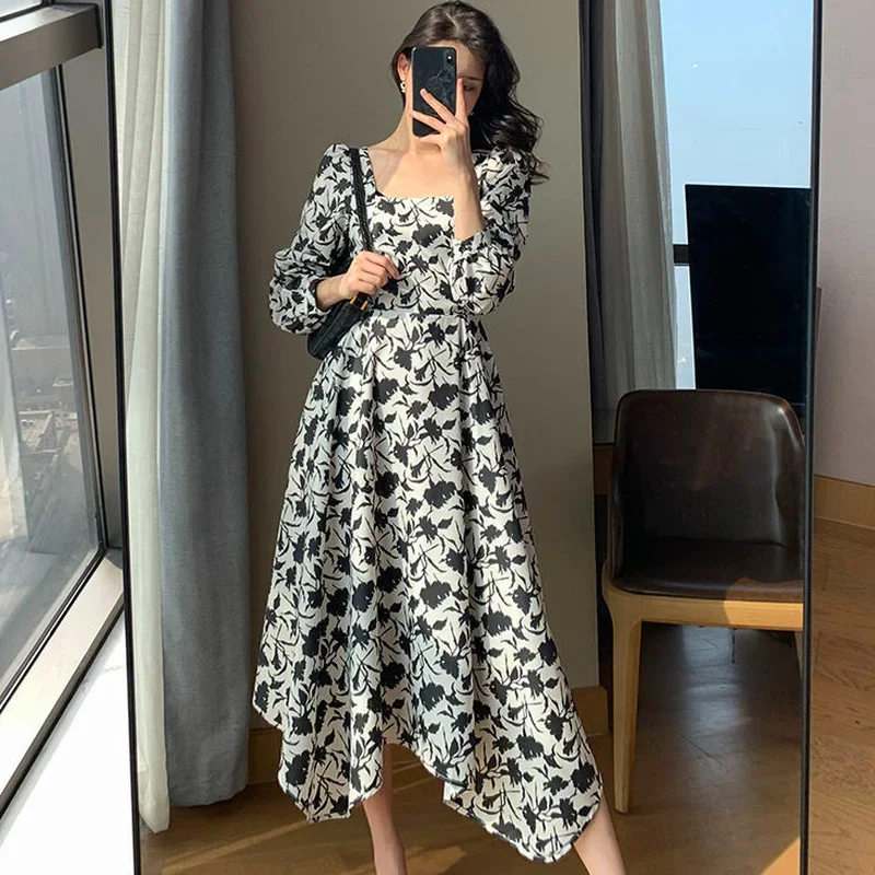 Puff Sleeve Dress Women French Style Floral Printing Autumn Irregular Fashion New Harajuku All-match Sundress Mujer Vestido Cozy