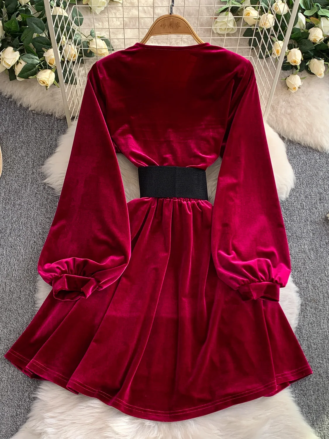 Rétro velours croix v-ne lanterne Sve Dr femmes ceinturée taille mince ort jupe longue Sve a-ligne Dr pour l'automne