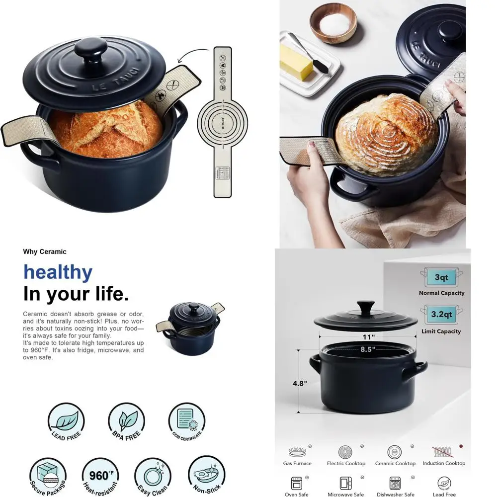 

Ceramic Dutch Oven for Bread Baking - Lightweight, Non-Toxic, No Seasoning Needed - Oven and Microwave Safe with Silicone Sling