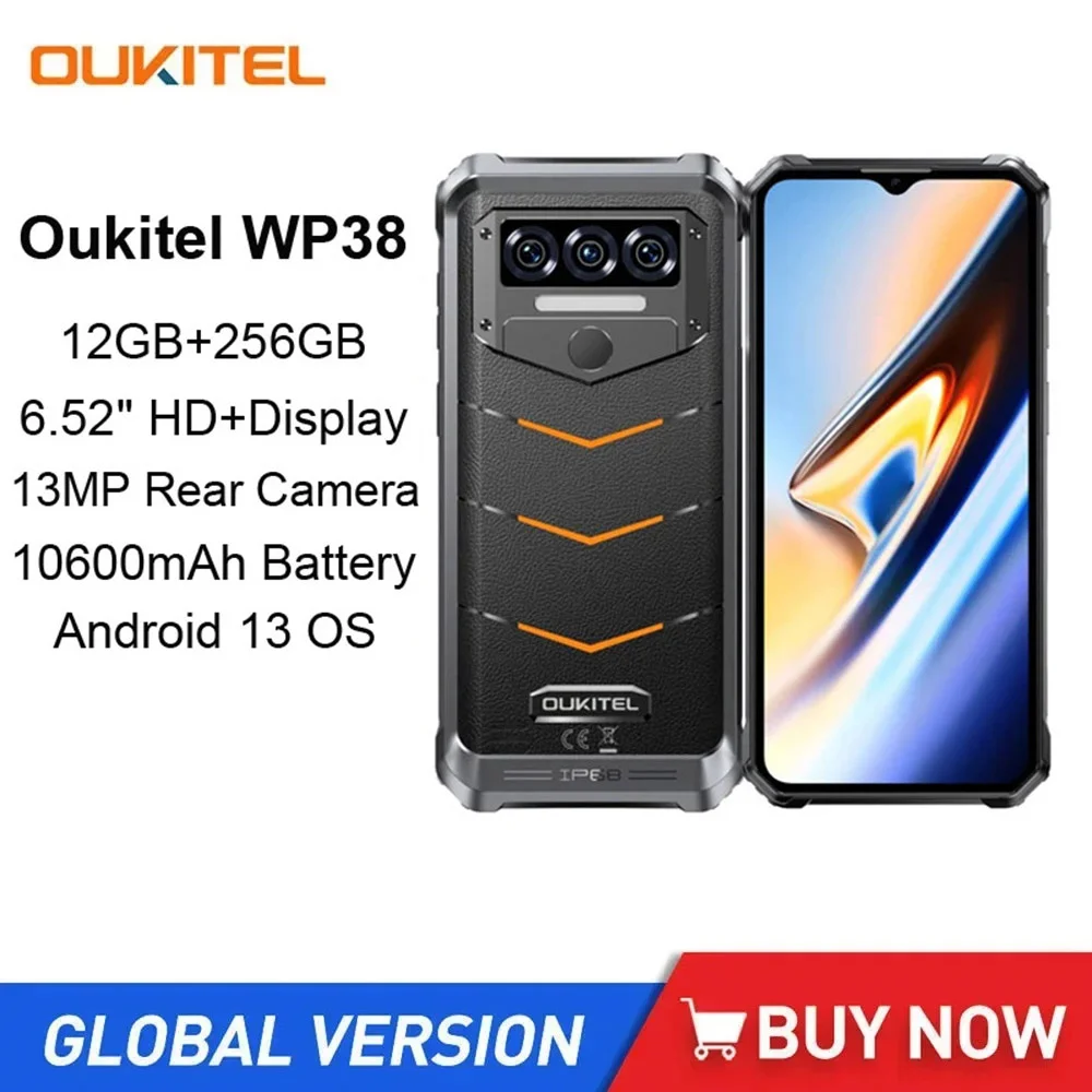 Oukitel 견고한 4G 스마트폰, 6.52 인치 HD + 디스플레이, 옥타코어, 12GB + 256GB, 안드로이드 13 휴대폰, 10600mAh 13MP 카메라, NFC OTG, WP38