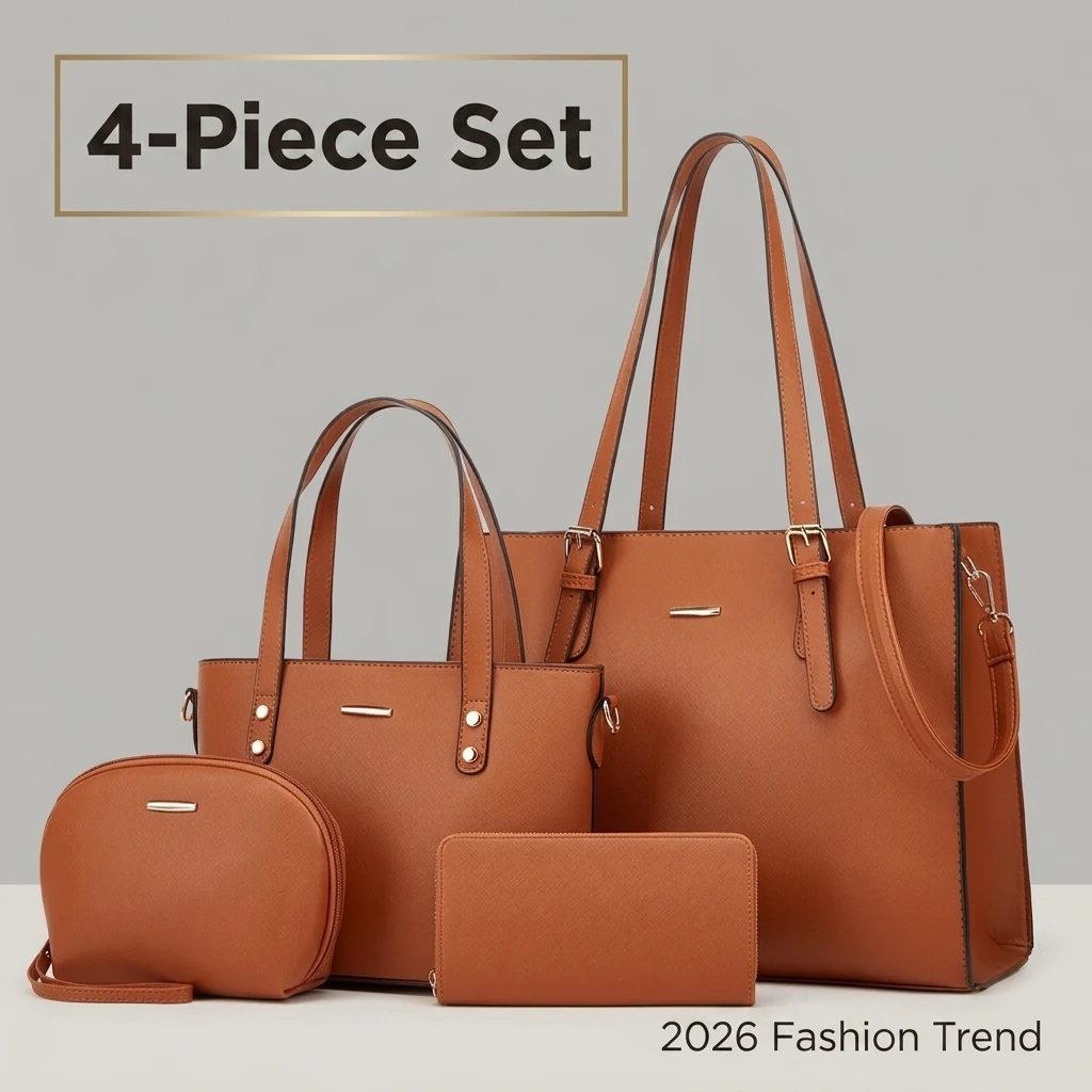

4Pc Luxury Women Handbags Set 2026 New Fashion Tote Shoulder Bag Purse Wallet Faux Leather Composite Bags for Work Office Travel