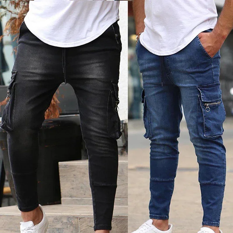 

Men's Big Pocket Skinny Jeans Men Casual Denim Pants Punk Hip Hop Streetwear Long Trousers Hip Hop Clothing Pants