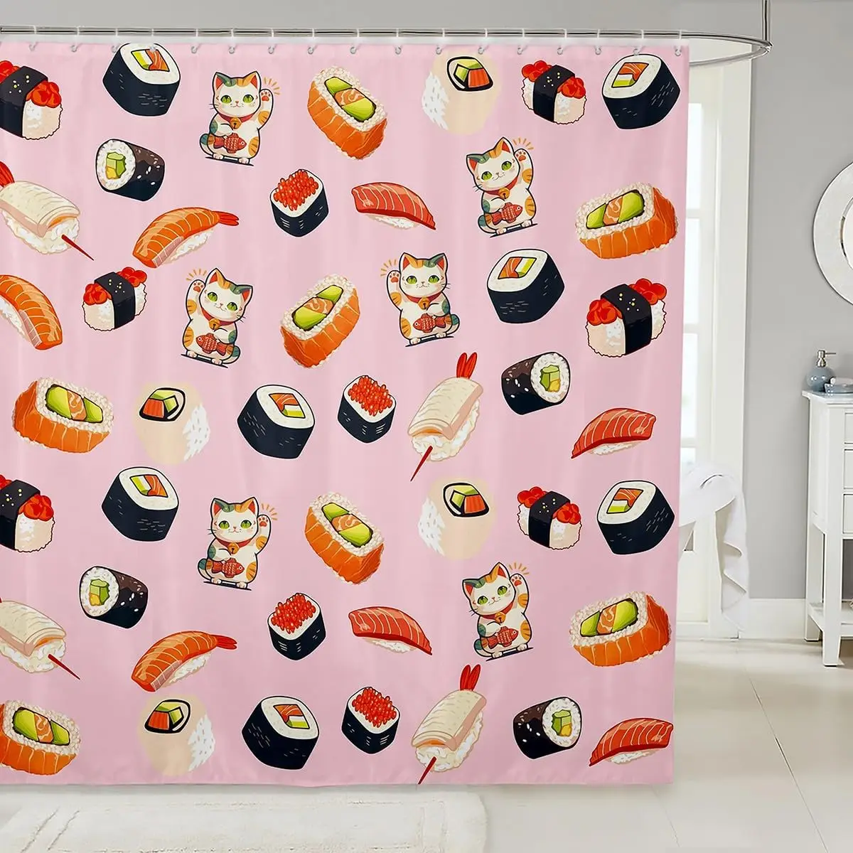 

Cute Kawaii Sushi Bath Curtain Panel,Japanese Style Delicious Traditional Food Waterproof Fabric Shower Curtain,Cartoon Cat Pink