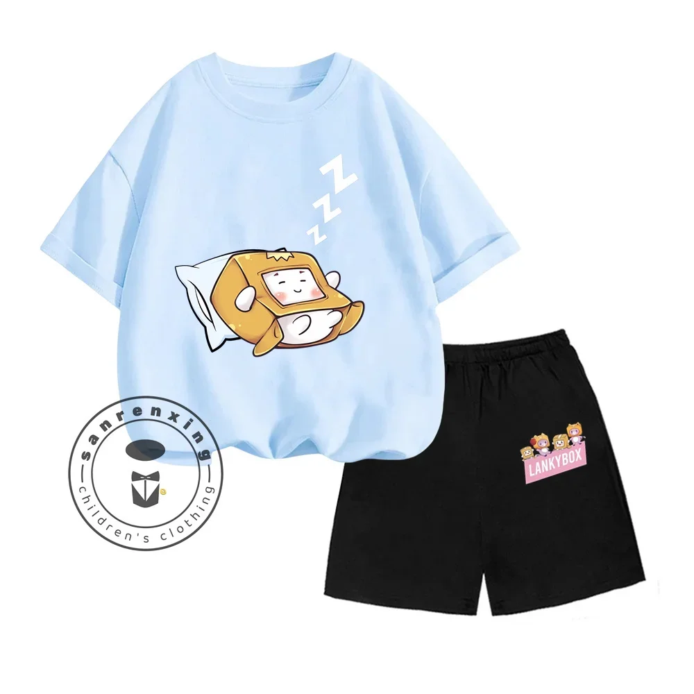 Summer Lankybox Cute Cartoon Print Design O-neck Loose Breathable Short Sleeve and Shorts Kids Summer Casual Two-piece Set