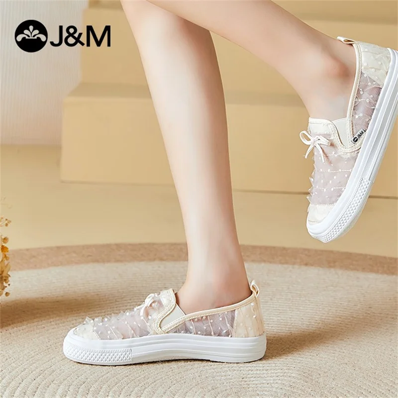 J & m mocassins femininos sola macia caminhada deslizamento-em sapatos esportivos casual plana de borracha arco malha respirável sapato zapatillas mujer sapatos