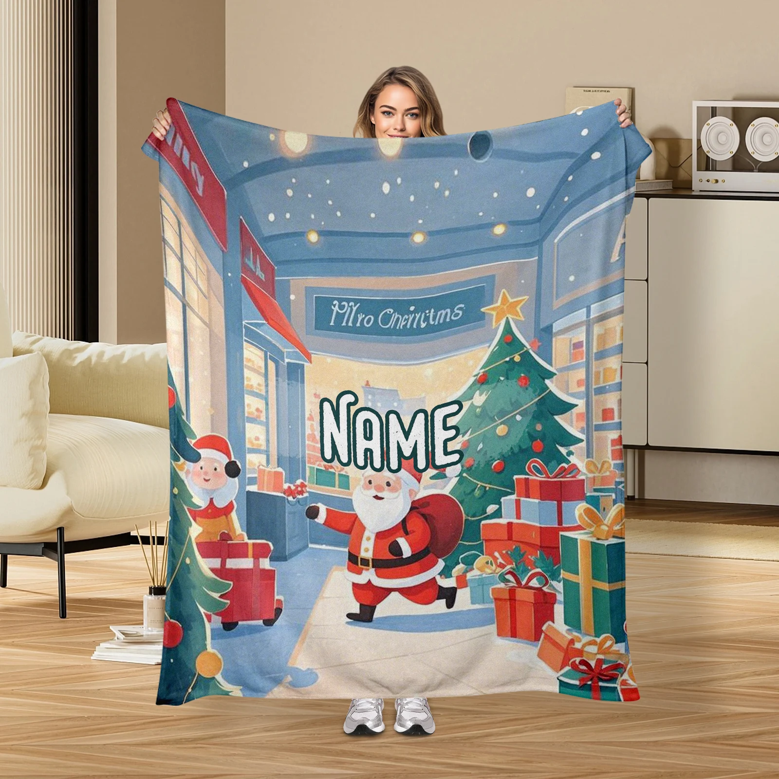 

Custom Flannel Blanket Including Cartoon Christmas Elements And Sweet Messages For Special Moments