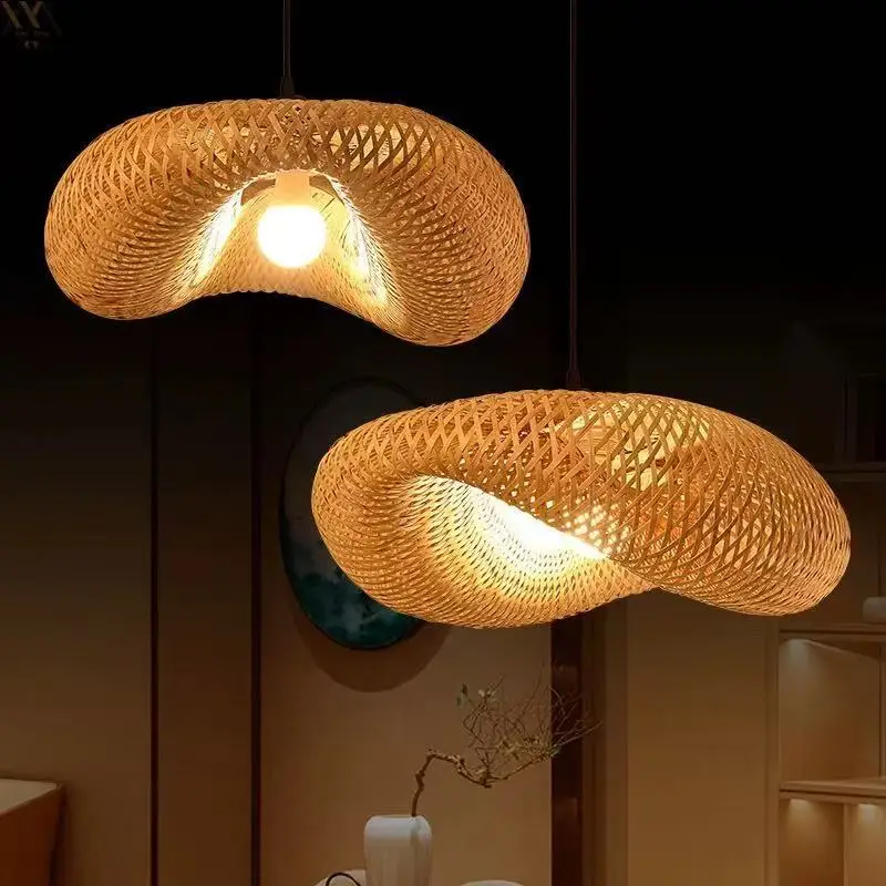 Handwoven Wabi-Sabi Bamboo Ring Pendant Light, Natural Rattan Chandelier, Boho Rustic Ceiling Lamp, Artisan Crafted Home Decor.