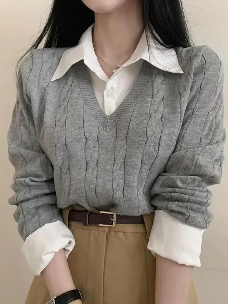 

Pop Fashion Winter Knitted Sweater Women Casual V-Neck Pullover All-match Female Clothing Loose Fake Two Items Short Tops Jumper