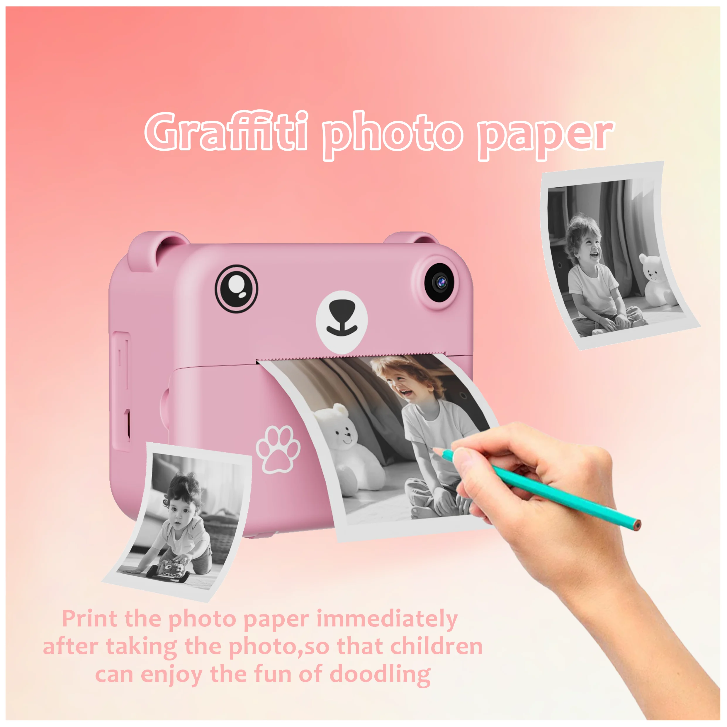 กล้องพิมพ์เด็กทันที พร้อมกระดาษเทอร์มอล 3 ม้วน | การชาร์จ USB | เลนส์คู่ |   แบตเตอรี่ลิเธียม 1500 mAh ของขวัญวันหยุดและวันเกิด