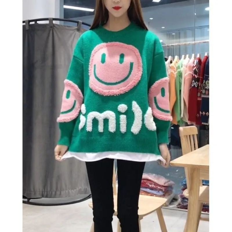 Women's Pullover Printing Patchwork Sweater Autumn Winter Fashionable Round Neck Loose Long Sleeve Cartoon Casual Knitted Tops