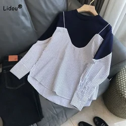 Conjunto de dos piezas holgado coreano para mujer, sudaderas a rayas, Tops de retazos de manga larga para viaje, primavera y otoño, nuevo