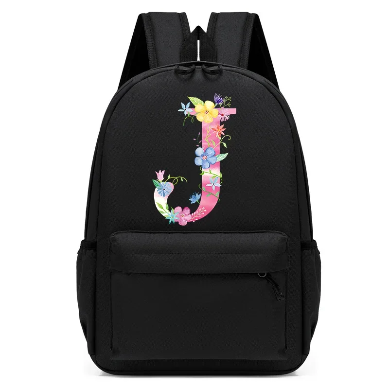 Canvas Teenagers Backpack 26 Floral Alphabet Lightweight Student Schoolbag Travel Backpack English Printed Fashion Student Bags