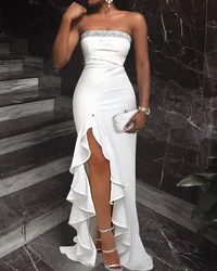 Bandeau Glitter Patch High Slit Ruffles Evening Dress Women Sleeveless Slash Neck Party Dress Slim Flounced Edge Asymmetrical