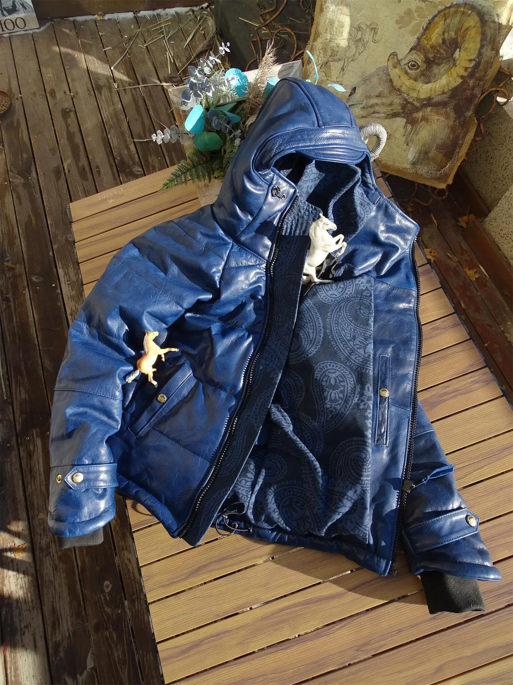 Jaket kulit asli bantalan untuk pria, mantel bulu kuda gaya Jepang, jaket Windbreaker hangat warna biru ukuran Plus 4XL 5XL musim dingin