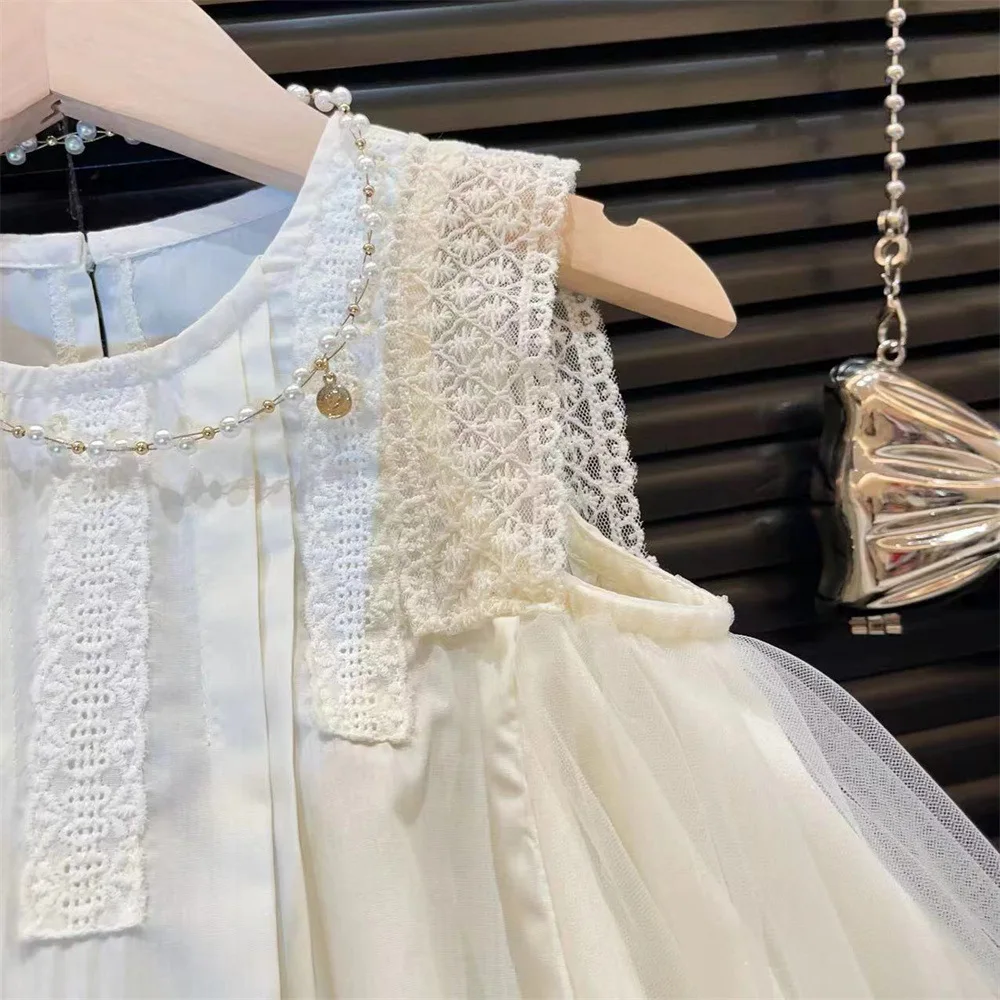 New Girls Casual Dresses Mesh Yarn Splicing Sleeveless Lace Vest Princess Childrens Clothing 2024 Round Collar Fashion