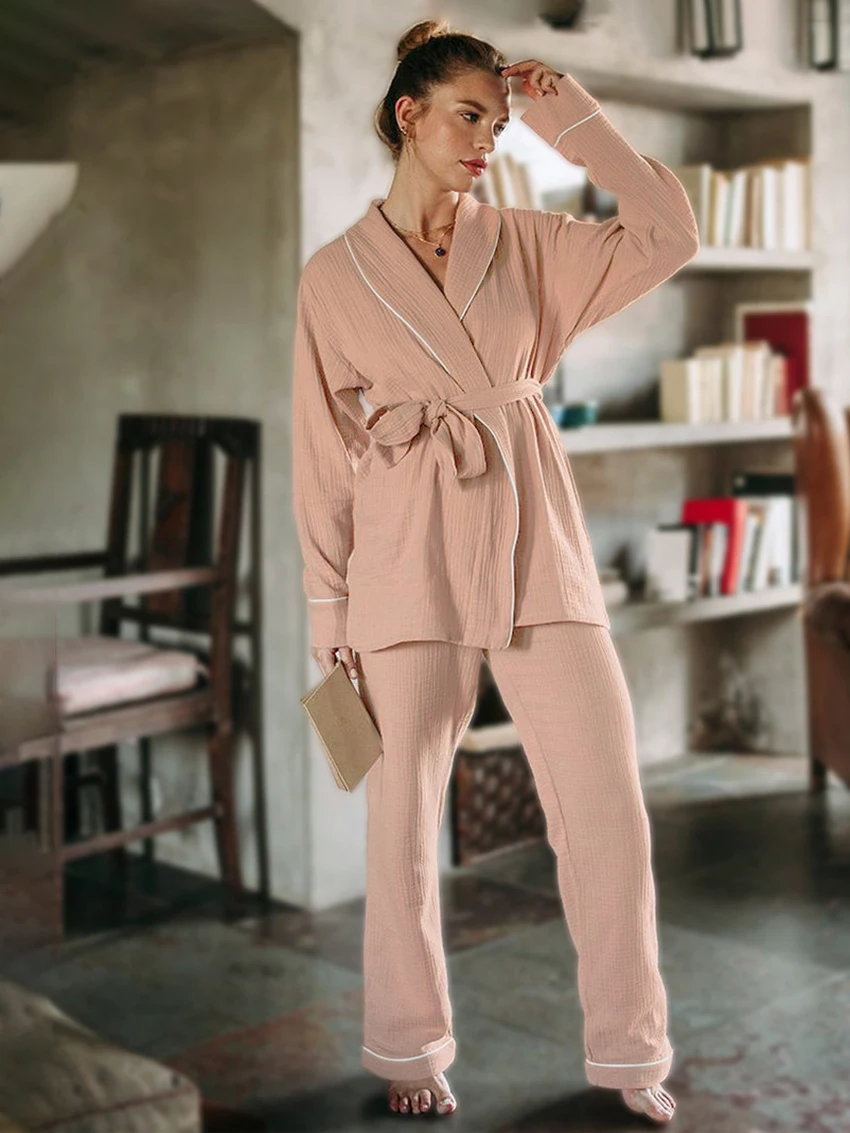 Marthaqiqi Cotton Ladies Sleepwear Suit Long Sleeve Pajamas Lace Up Nightwear Turn-Down Collar Nightie Pants Women Home Clothes