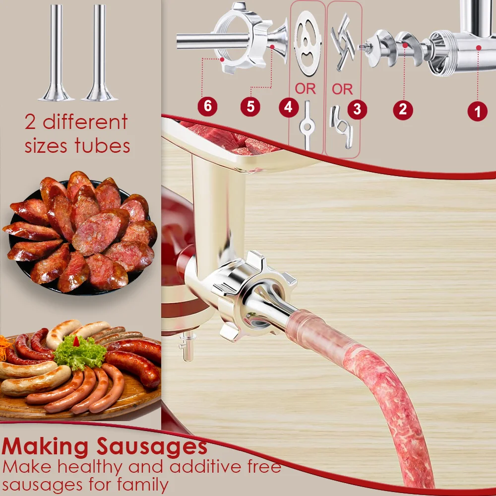 Customizable Metal Food Grinder Attachments for Stand Mixers, Meat Grinder, Sausage Stuffer