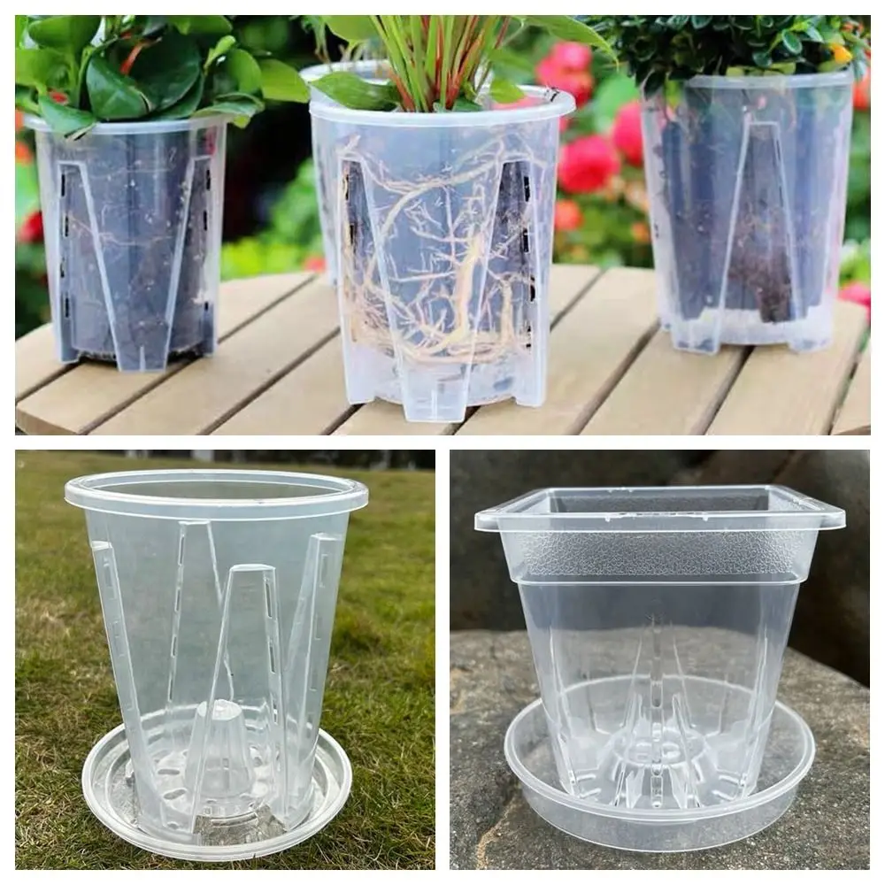 Plastic Transparent Flower Pot Round Square Accessories Root Control Hydroponic Flowerpot Clear Orchid Pot Plant Pot with Holes