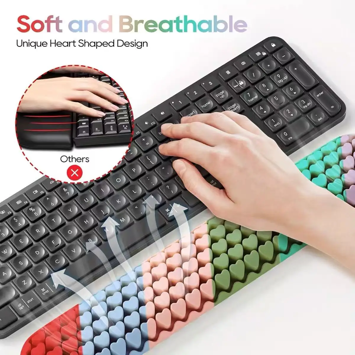 Colorful heart silicone wrist rest with 3D massage texture. Soft rebound silicone material, ergonomic design to reduce wrist