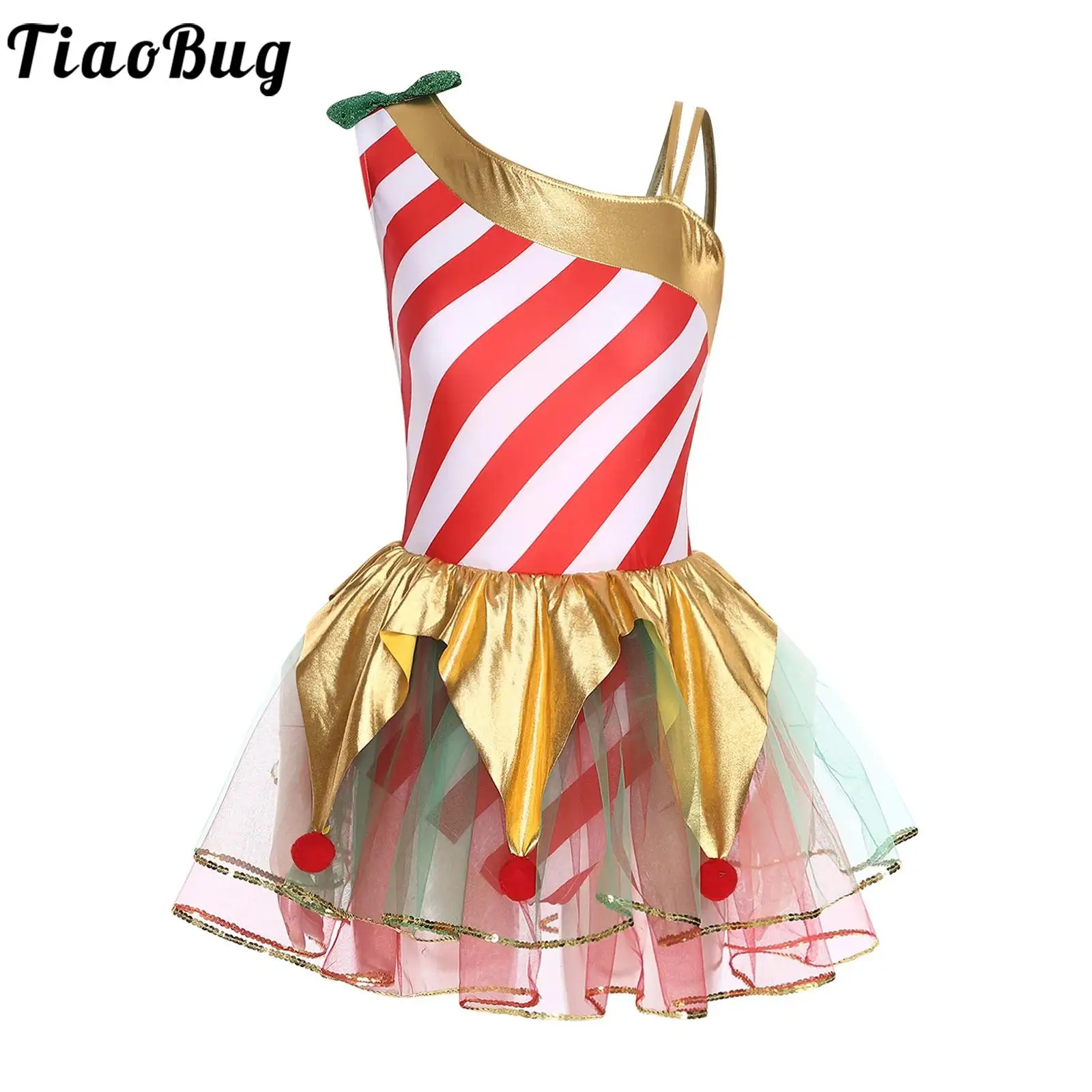 

Women Christmas Striped Candy Cane Tutu Dress Dance Metallic Pompoms Tiered Leotards Tulle Dress for Xmas Elf Fancy Dress Party