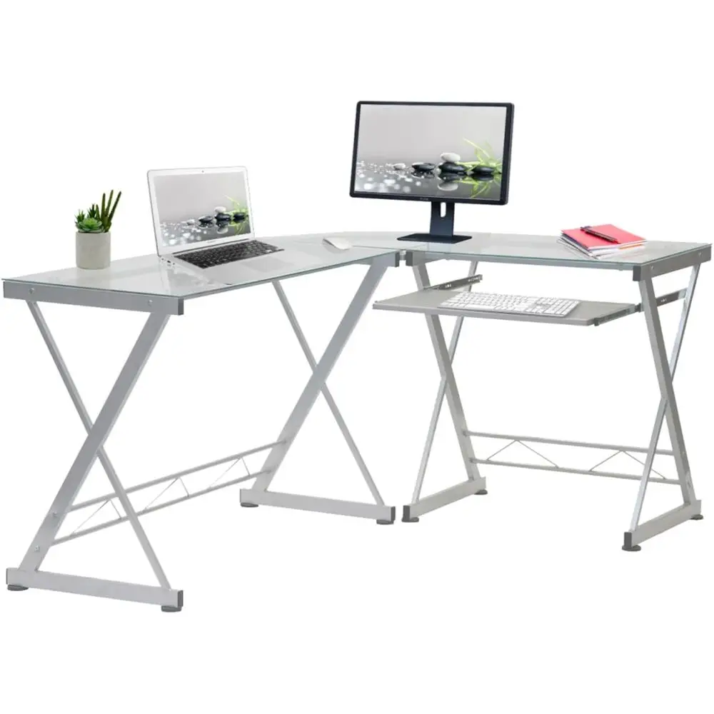 Reversible L-Shaped Glass Computer Desk with Pull-Out Tray for Home Office or Study