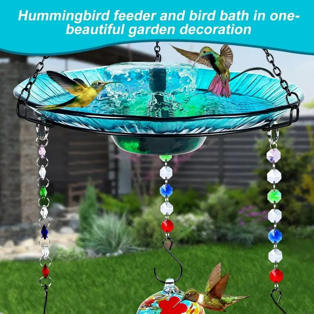 Hummingbird Feeder and Bird Bath for Outdoors 2-in-1 for Small Birds, Hanging Solar Bird Bath Fountains with 3 Red Feeder Pots