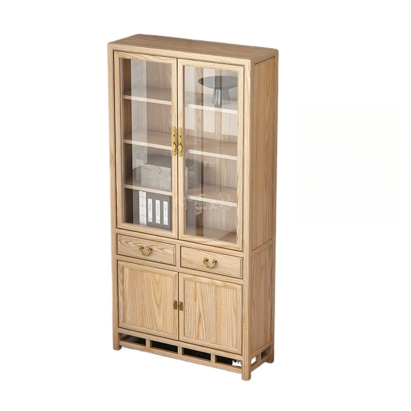 

Стеклянный шкаф из ясеня Простая витрина из массива дерева Книжный шкаф из бревен