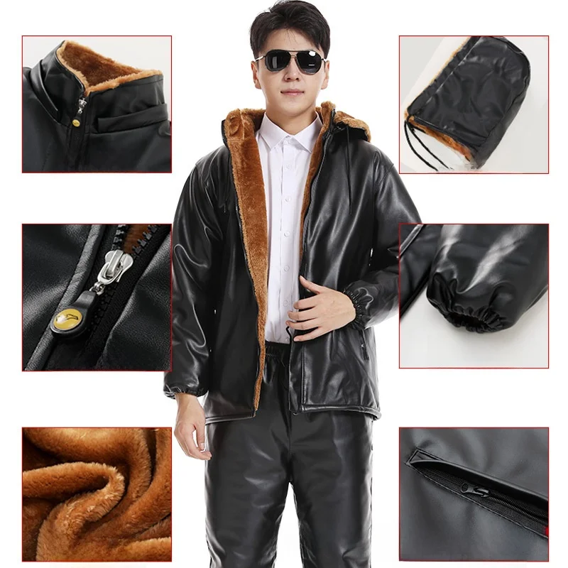 

Men's Winter Leather Jaet Thiened Fce Lined Workwear Pants Set Waterproof Oil Resistant Long Coat Five Sve Polyester