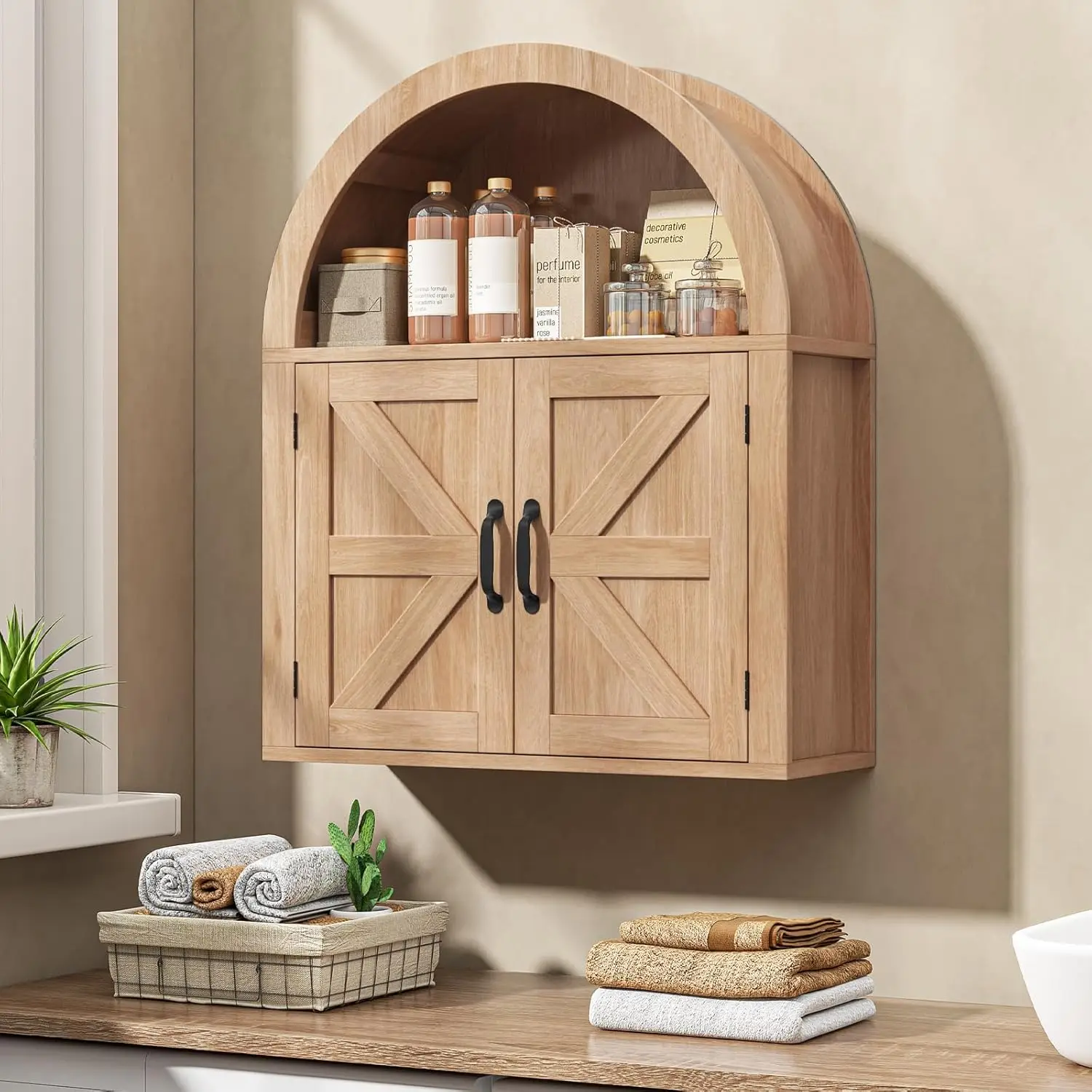 Arched Bathroom Wall Cabinet, Farmhouse Medicine Cabinet with Barn Door and with Adjustable Shelf, 23.6 x 28.7'' Wooden Storage