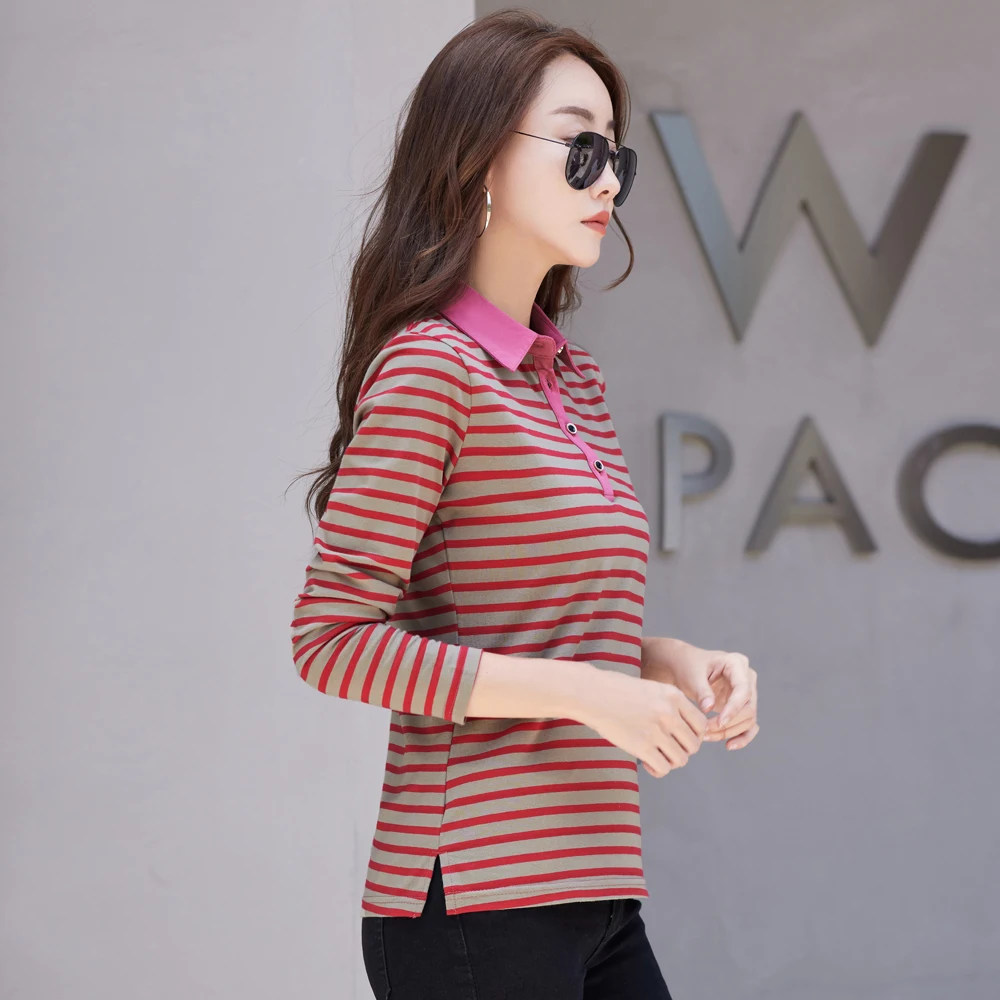 Korean Fashion Long Sleeve  Cotton Polo Shirt Women Stretch Plus Size  Autumn Slim Knitted Polo For Women Striped T shirt