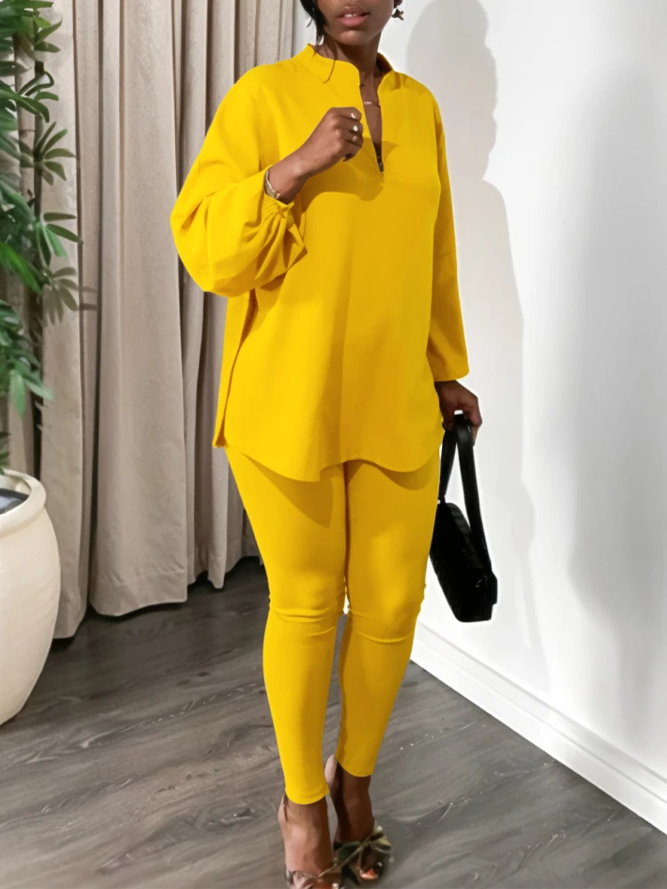 AOMEI Leisure 2 Piece Women\'s Wear 2024 Autumn/Winter Fashion Style Solid Color Large V-neck Long Sleeved Top Pants African Set