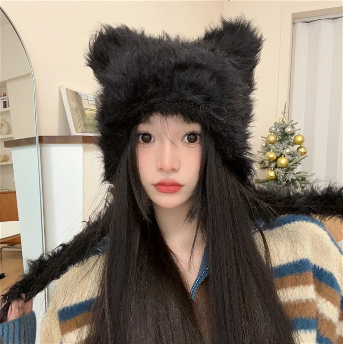 Cute Black Bear Ears Rabbit Fur Hat Plush Wrap Head Cap Cold Warm Fur Cap Girls Korean Hats Knitted Hat